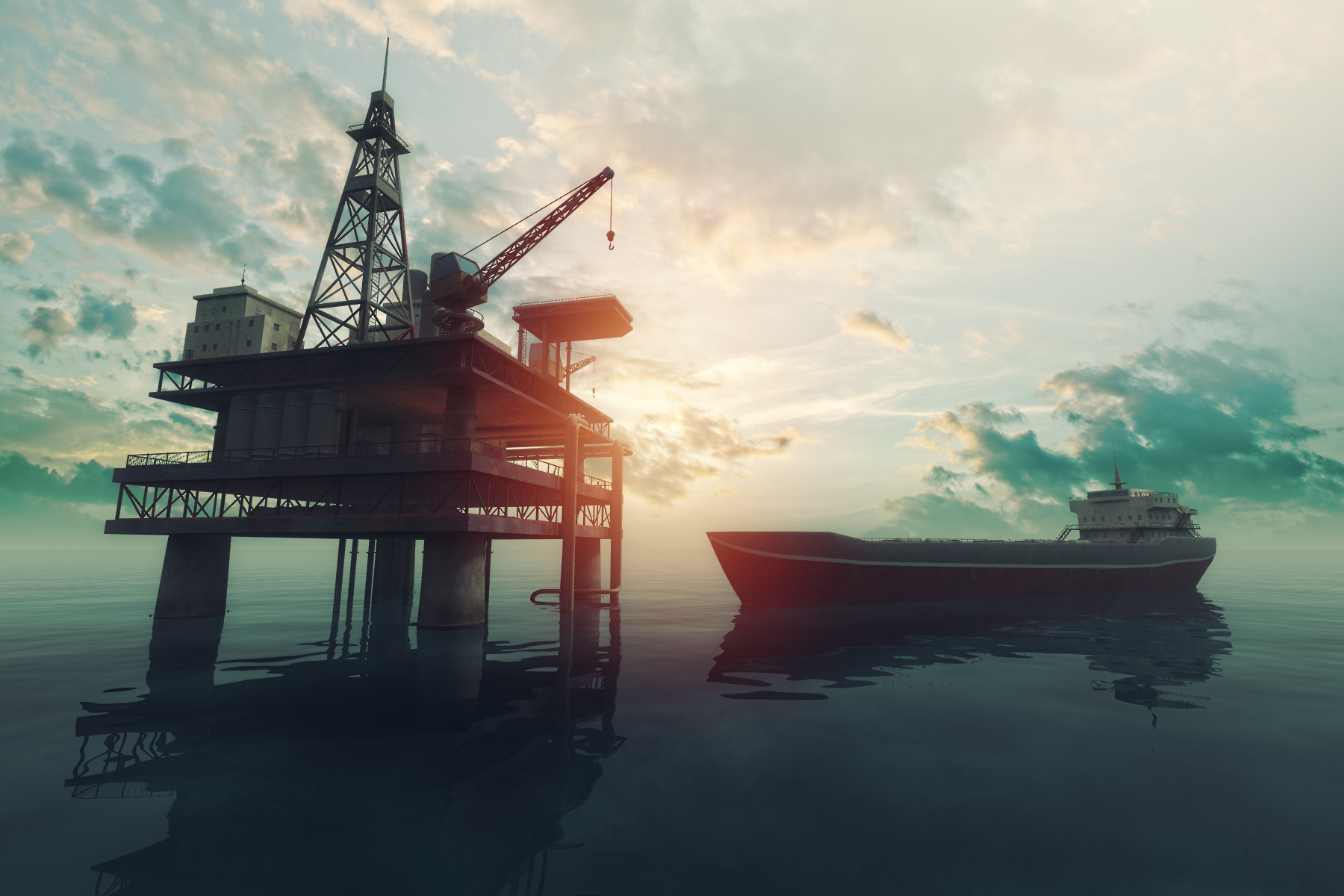 An oil tanker approaching an oil rig.