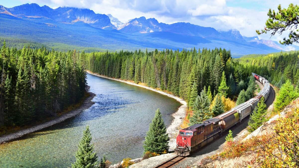 A train passes Morant's curve in Banff National Park in the Canadian Rockies.